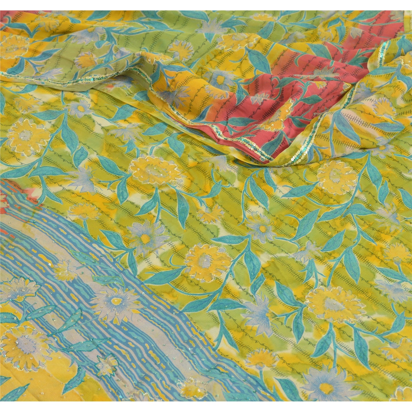 Sanskriti Vintage Sarees Yellow Hand Beaded Pure Georgette Silk Sari 5yd Sustainable Fabric