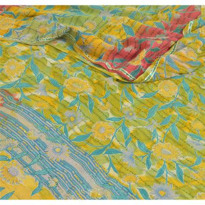 Sanskriti Vintage Sarees Yellow Hand Beaded Pure Georgette Silk Sari 5yd Sustainable Fabric