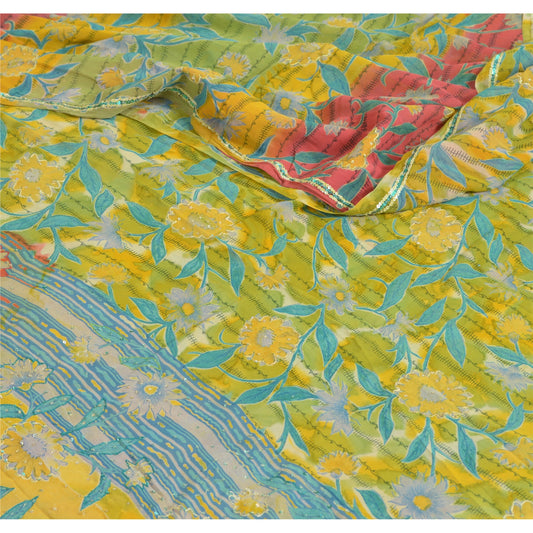 Sanskriti Vintage Sarees Yellow Hand Beaded Pure Georgette Silk Sari 5yd Sustainable Fabric