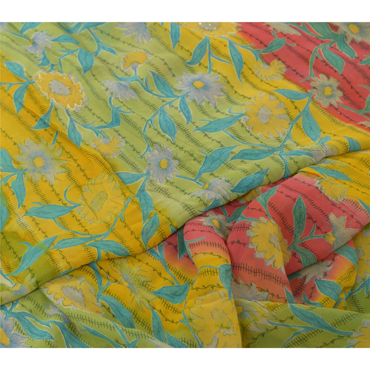 Sanskriti Vintage Sarees Yellow Hand Beaded Pure Georgette Silk Sari 5yd Sustainable Fabric