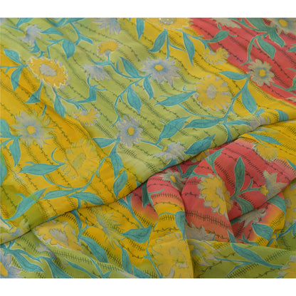 Sanskriti Vintage Sarees Yellow Hand Beaded Pure Georgette Silk Sari 5yd Sustainable Fabric