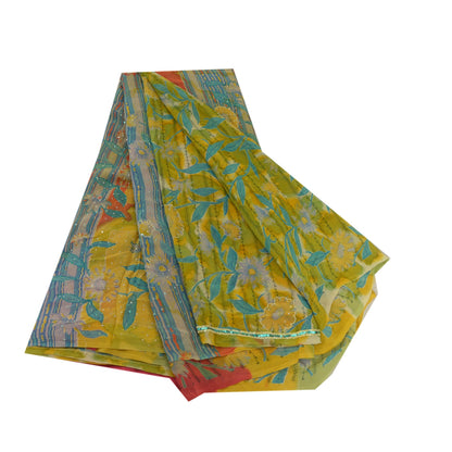 Sanskriti Vintage Sarees Yellow Hand Beaded Pure Georgette Silk Sari 5yd Sustainable Fabric