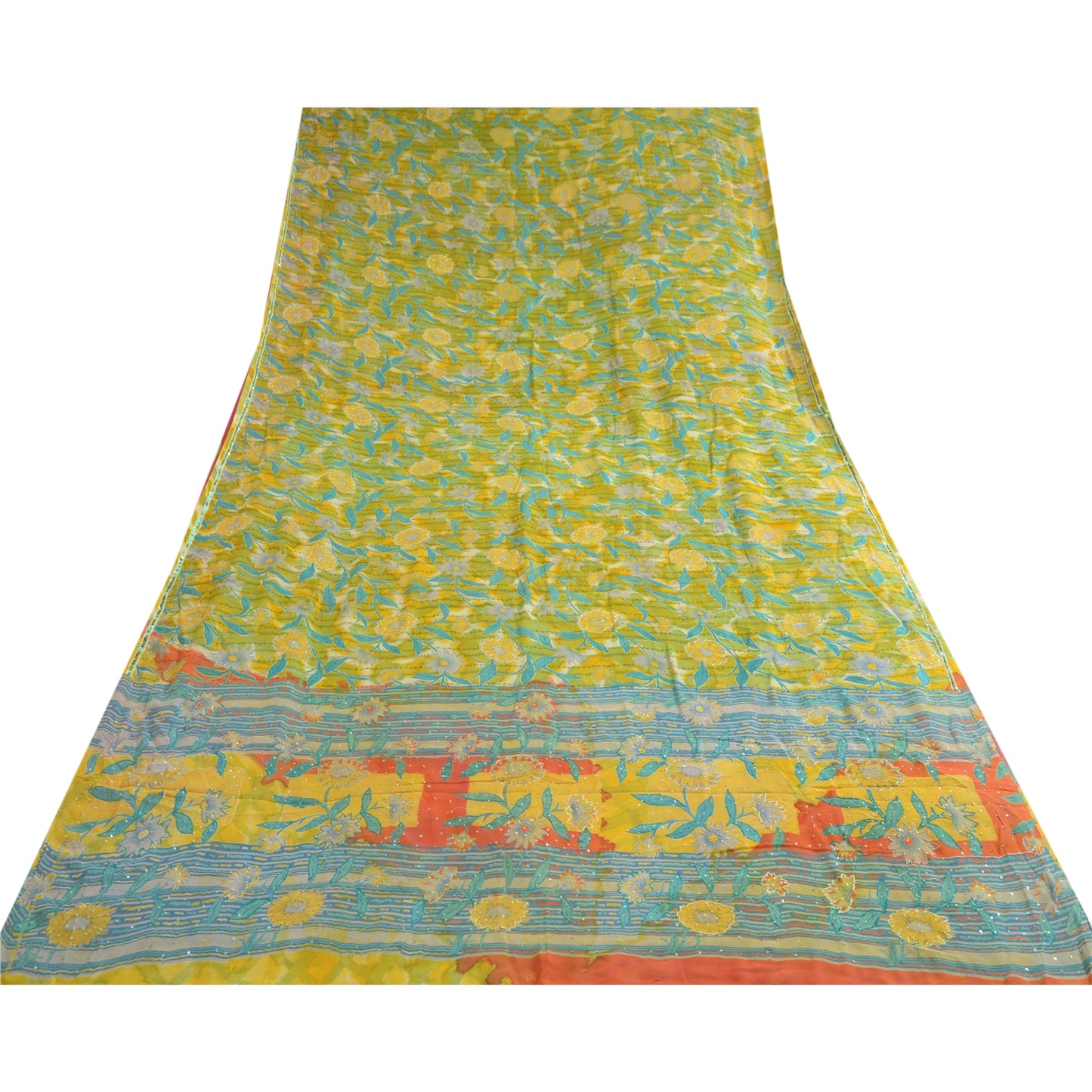 Sanskriti Vintage Sarees Yellow Hand Beaded Pure Georgette Silk Sari 5yd Sustainable Fabric