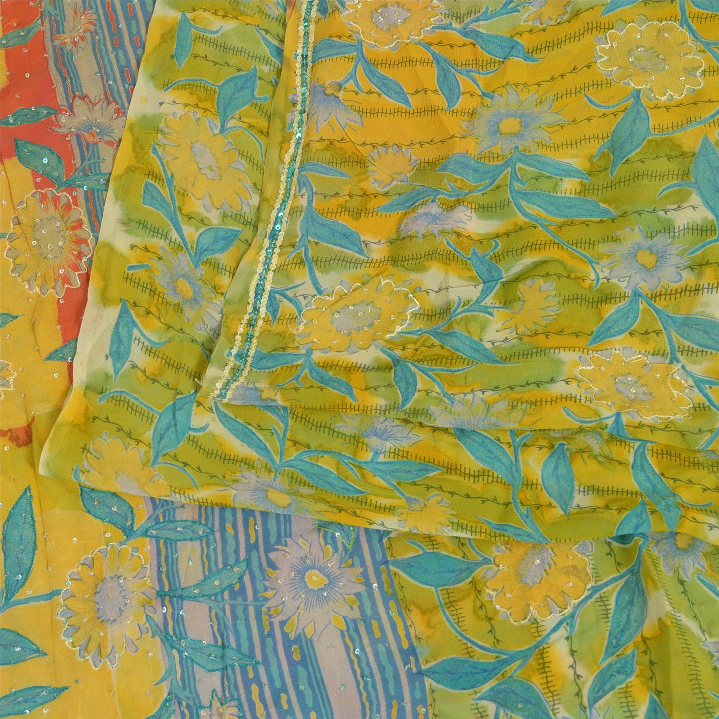 Sanskriti Vintage Sarees Yellow Hand Beaded Pure Georgette Silk Sari 5yd Sustainable Fabric