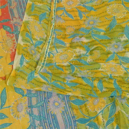 Sanskriti Vintage Sarees Yellow Hand Beaded Pure Georgette Silk Sari 5yd Sustainable Fabric