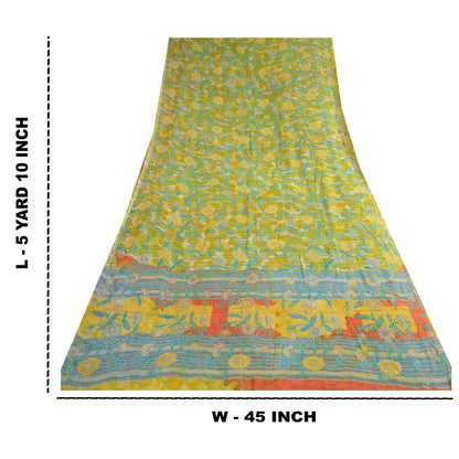 Sanskriti Vintage Sarees Yellow Hand Beaded Pure Georgette Silk Sari 5yd Sustainable Fabric