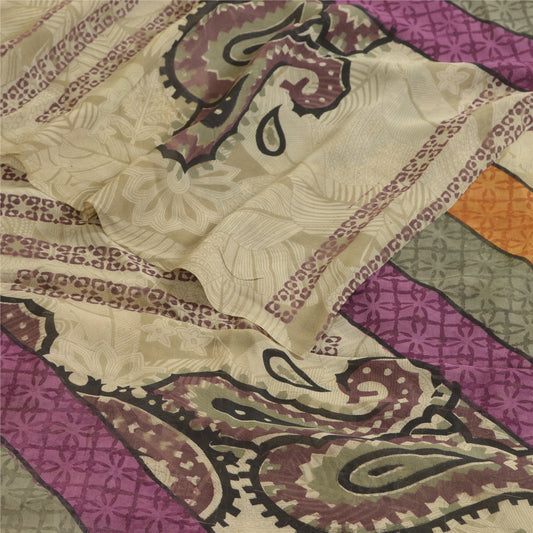 Sanskriti Vintage Sarees Ivory Pure Georgette Silk Printed Sari 5yd Craft Sustainable Fabric