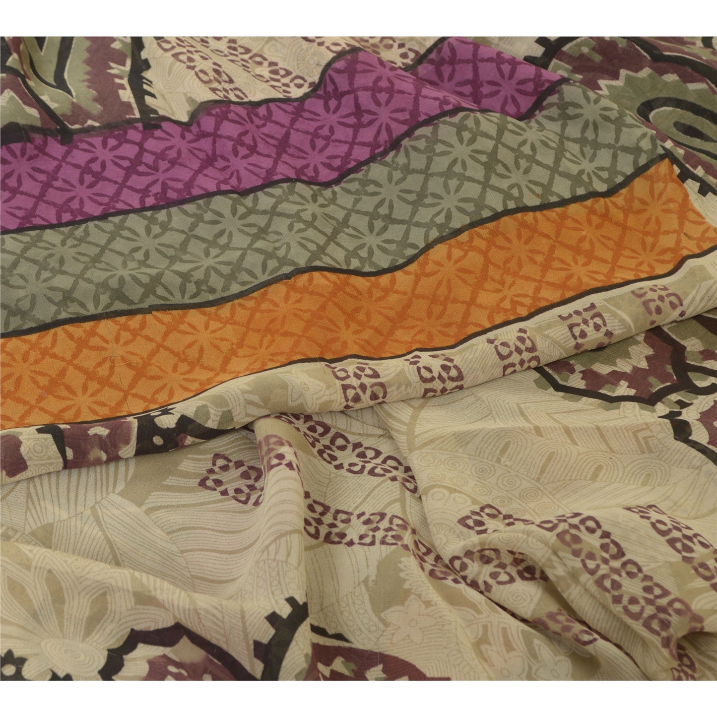 Sanskriti Vintage Sarees Ivory Pure Georgette Silk Printed Sari 5yd Craft Sustainable Fabric