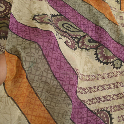 Sanskriti Vintage Sarees Ivory Pure Georgette Silk Printed Sari 5yd Craft Sustainable Fabric