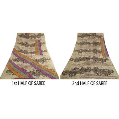 Sanskriti Vintage Sarees Ivory Pure Georgette Silk Printed Sari 5yd Craft Sustainable Fabric