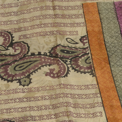 Sanskriti Vintage Sarees Ivory Pure Georgette Silk Printed Sari 5yd Craft Sustainable Fabric