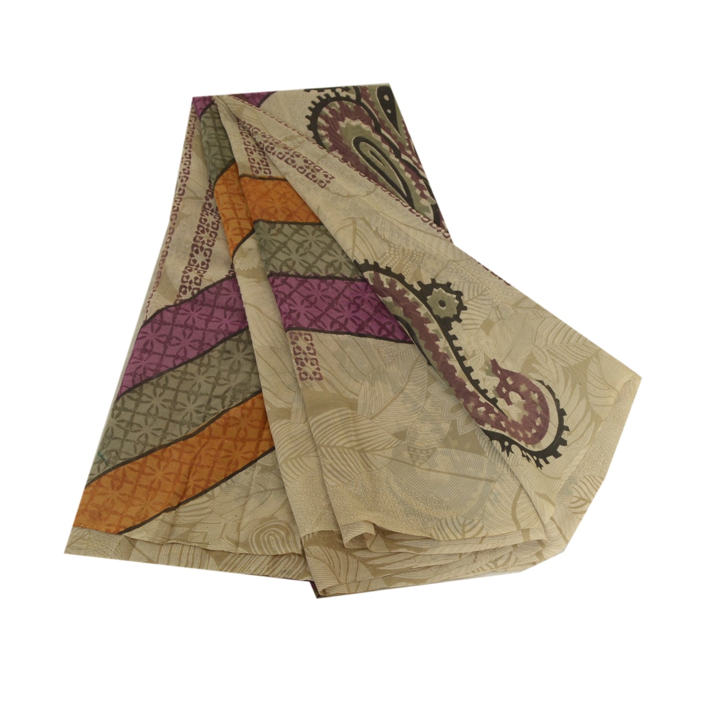 Sanskriti Vintage Sarees Ivory Pure Georgette Silk Printed Sari 5yd Craft Sustainable Fabric