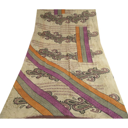 Sanskriti Vintage Sarees Ivory Pure Georgette Silk Printed Sari 5yd Craft Sustainable Fabric