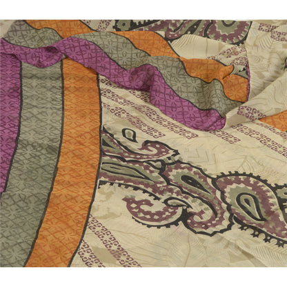 Sanskriti Vintage Sarees Ivory Pure Georgette Silk Printed Sari 5yd Craft Sustainable Fabric