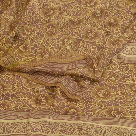 Sanskriti Vintage Sarees Brown Pure Georgette Silk Printed Sari 5yd Craft Sustainable Fabric