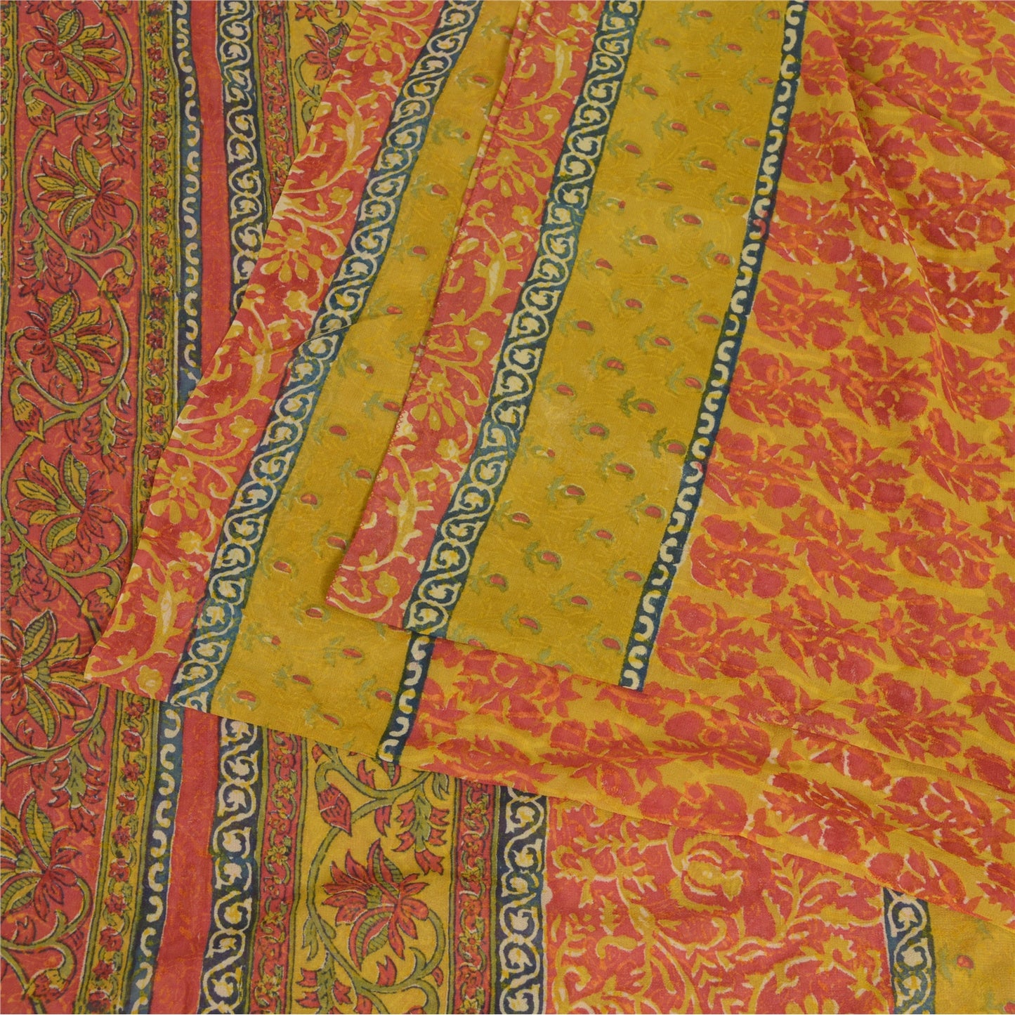 Sanskriti Vintage Sarees Green/Red Pure Georgette Silk Block Print Sari Sustainable Fabric