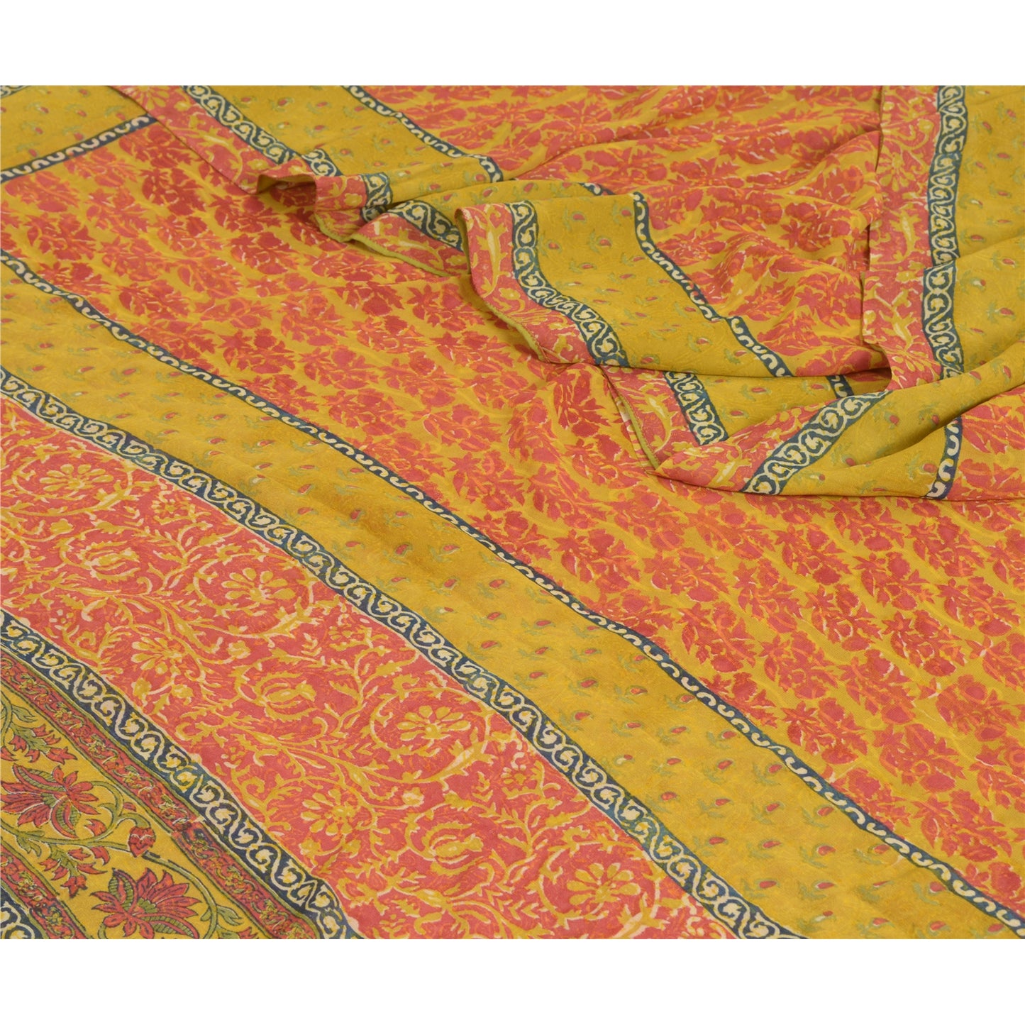 Sanskriti Vintage Sarees Green/Red Pure Georgette Silk Block Print Sari Sustainable Fabric
