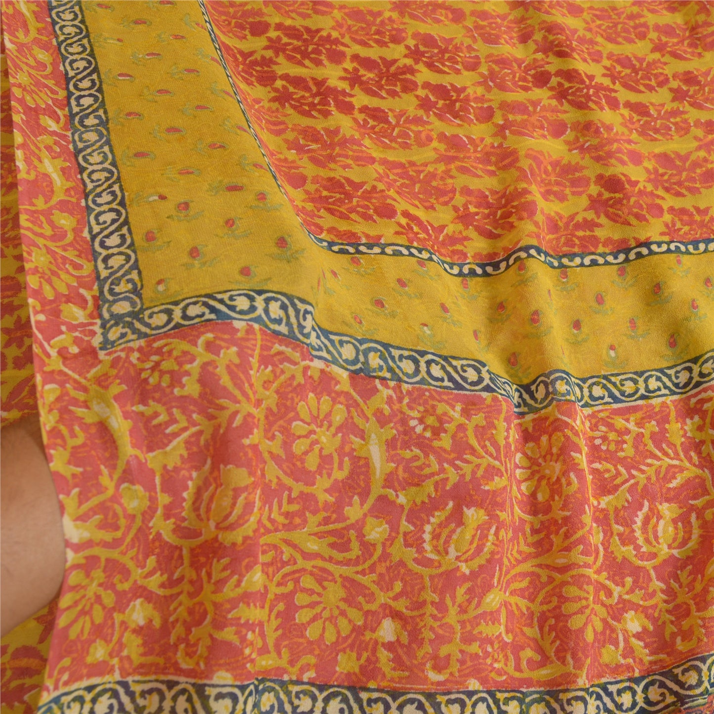 Sanskriti Vintage Sarees Green/Red Pure Georgette Silk Block Print Sari Sustainable Fabric