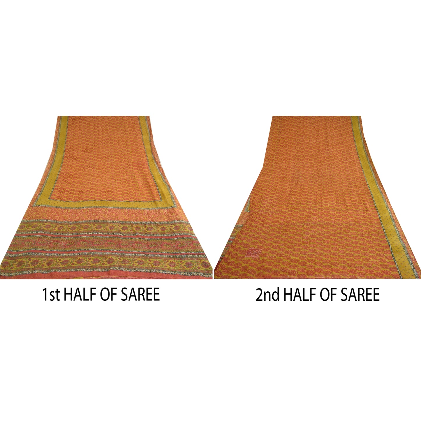 Sanskriti Vintage Sarees Green/Red Pure Georgette Silk Block Print Sari Sustainable Fabric