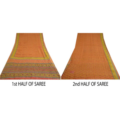 Sanskriti Vintage Sarees Green/Red Pure Georgette Silk Block Print Sari Sustainable Fabric