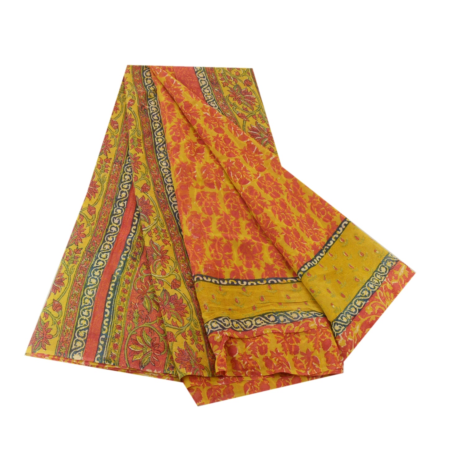 Sanskriti Vintage Sarees Green/Red Pure Georgette Silk Block Print Sari Sustainable Fabric