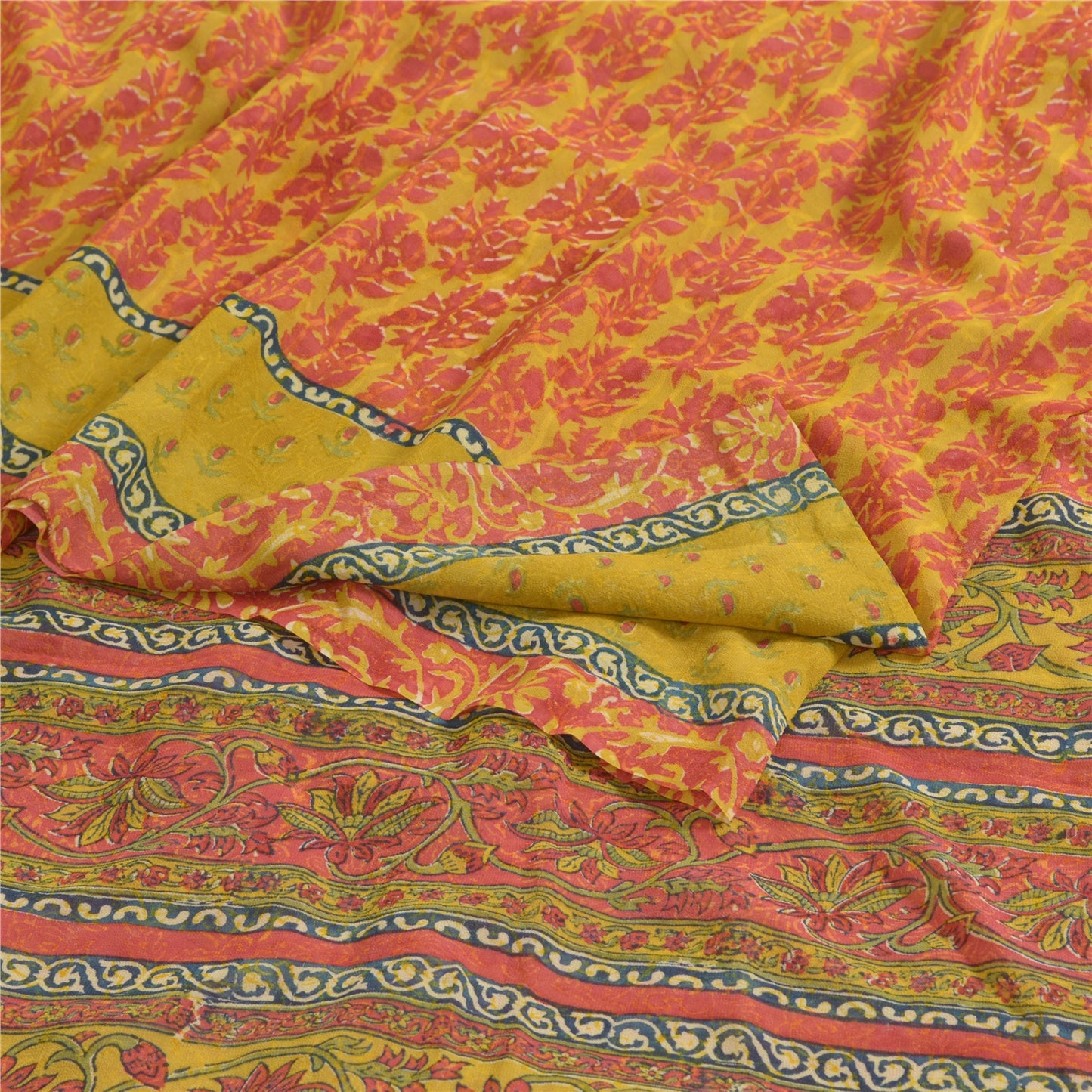 Sanskriti Vintage Sarees Green/Red Pure Georgette Silk Block Print Sari Sustainable Fabric