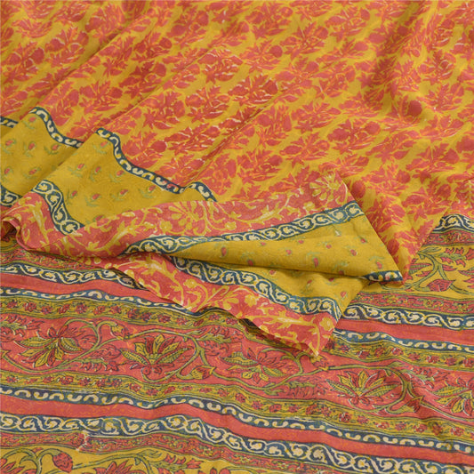 Sanskriti Vintage Sarees Green/Red Pure Georgette Silk Block Print Sari Sustainable Fabric