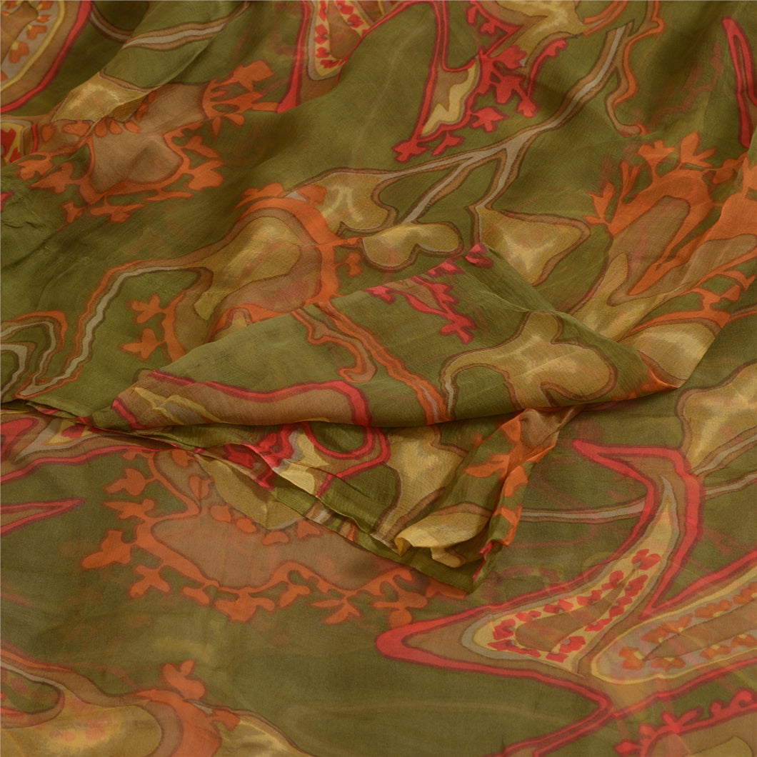 Sanskriti Vintage Sarees Green 100% Pure Chiffon Silk Printed Sari Craft Fabric