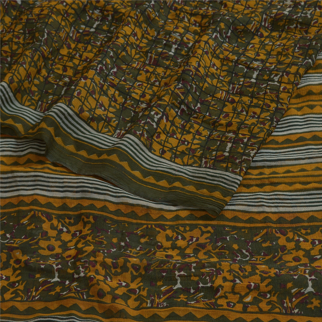Sanskriti Vintage Sarees Green/Saffron Pure Chiffon Silk Printed Sari 5yd Fabric