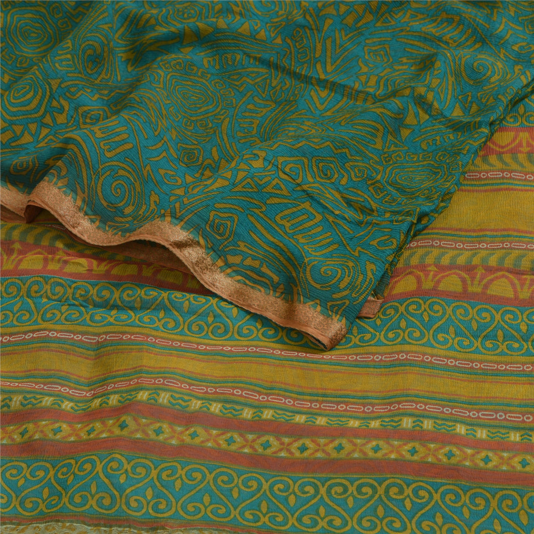 Sanskriti Vintage Sarees Green Pure Chiffon Silk Printed Sari 5yd Craft Fabric
