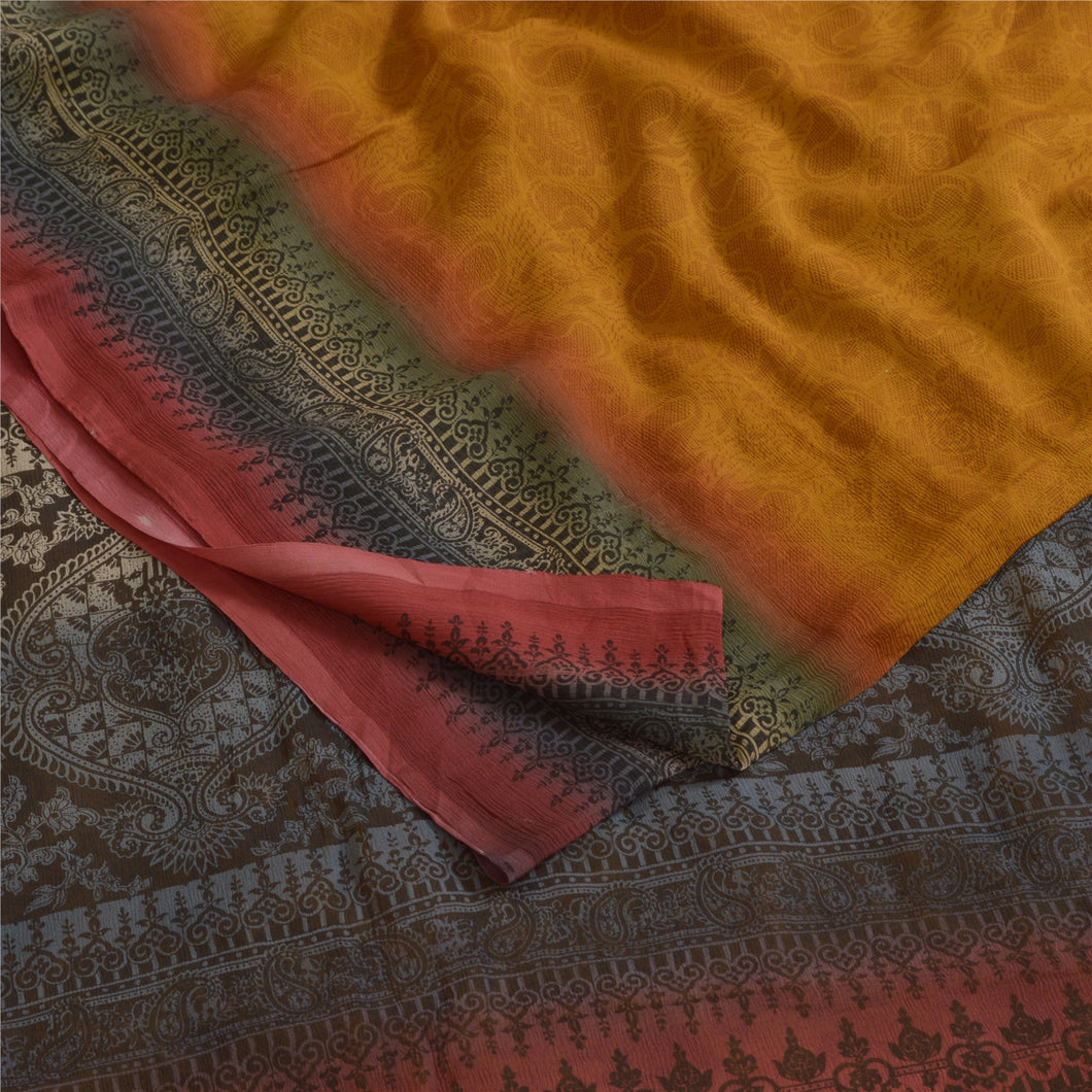 Sanskriti Vintage Sarees Saffron Pure Chiffon Silk Printed Sari 5yd Craft Fabric