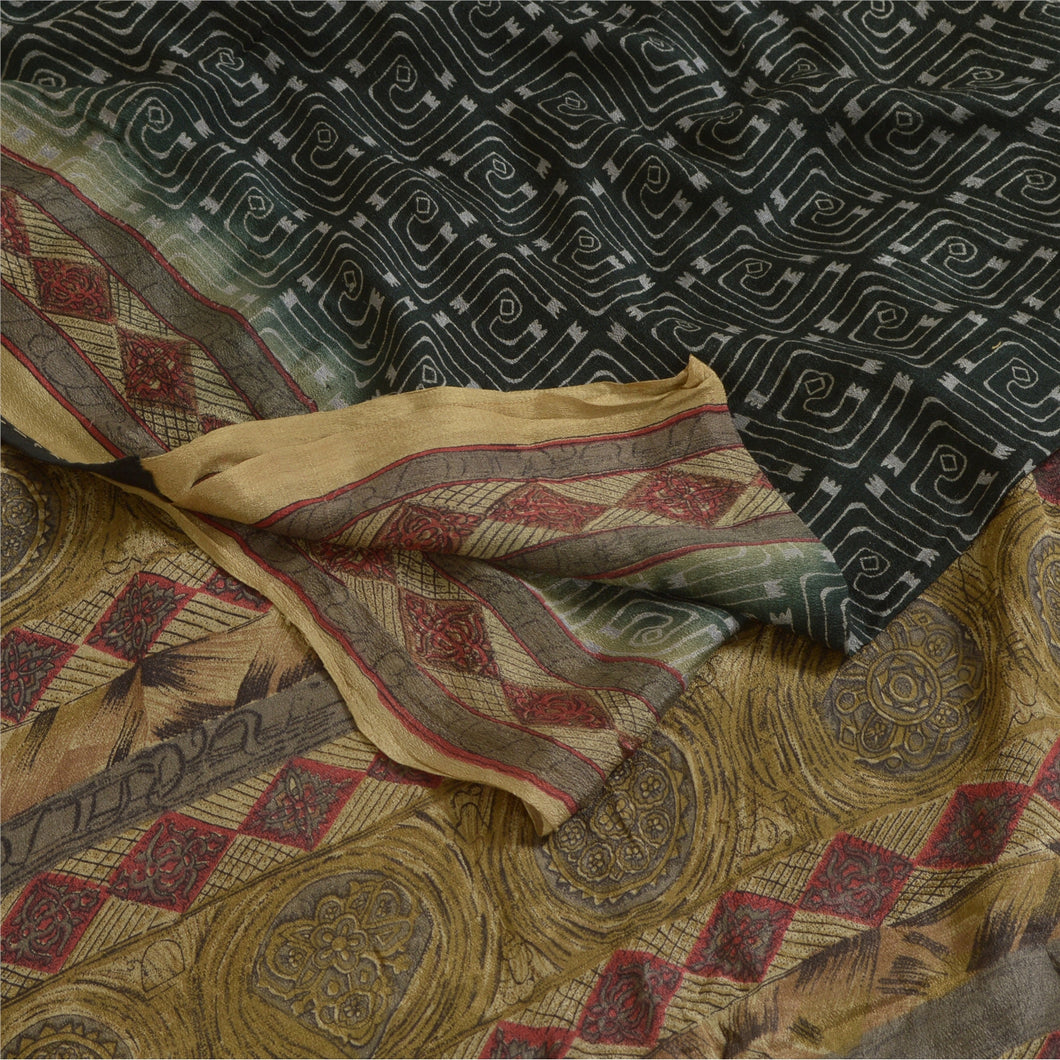 Sanskriti Vintage Sarees Black Pure Chiffon Silk Printed Sari 6yd Craft Fabric