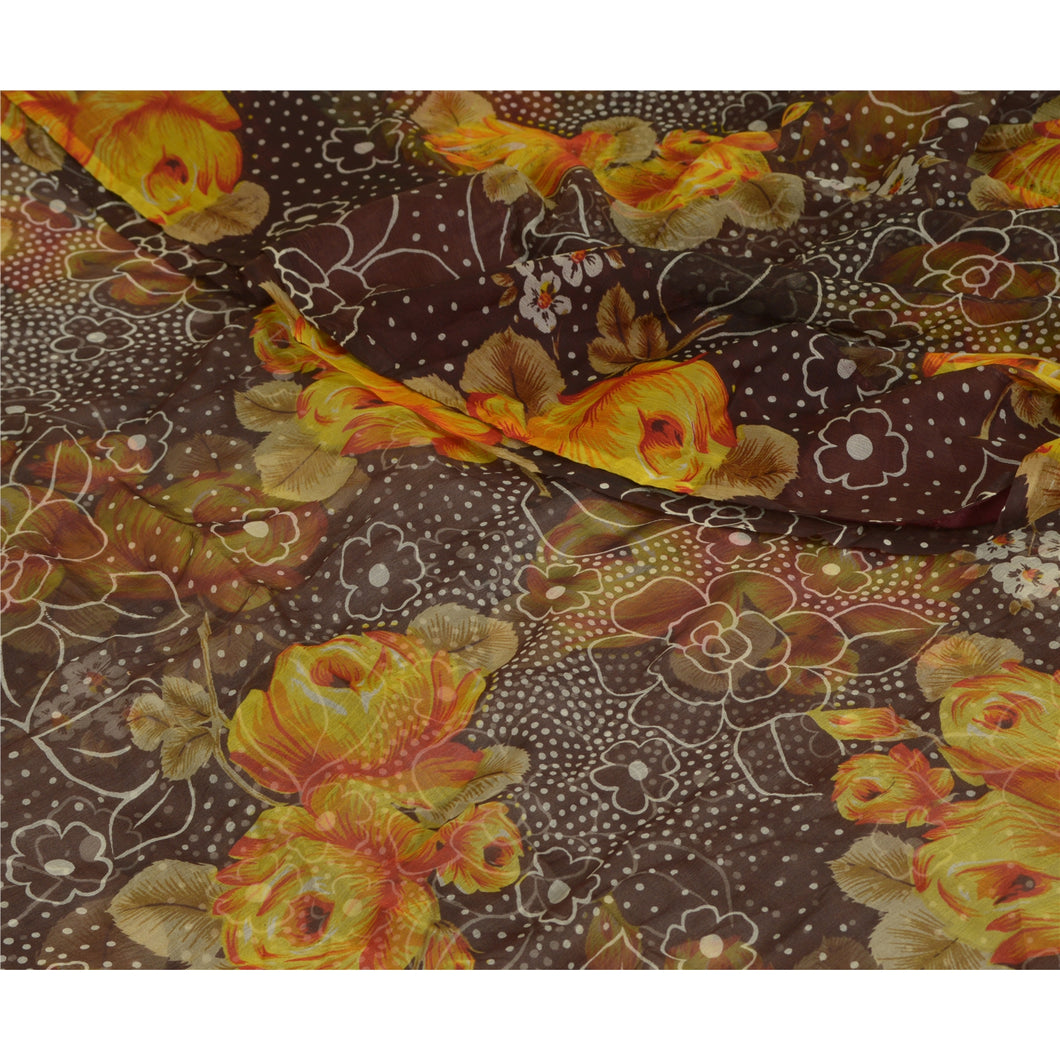 Sanskriti Vintage Sarees Brown 100% Pure Chiffon Silk Printed Sari Craft Fabric