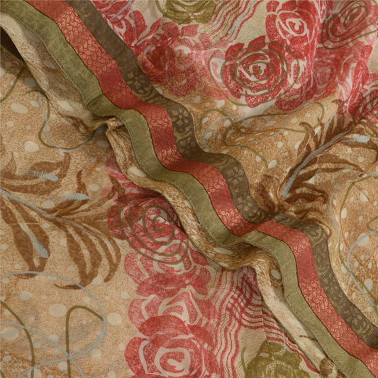 Sanskriti Vintage Sarees Light-Brown Pure Georgette Silk Print Sari Craft Sustainable Fabric