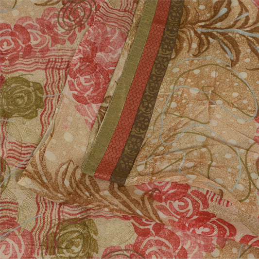 Sanskriti Vintage Sarees Light-Brown Pure Georgette Silk Print Sari Craft Sustainable Fabric