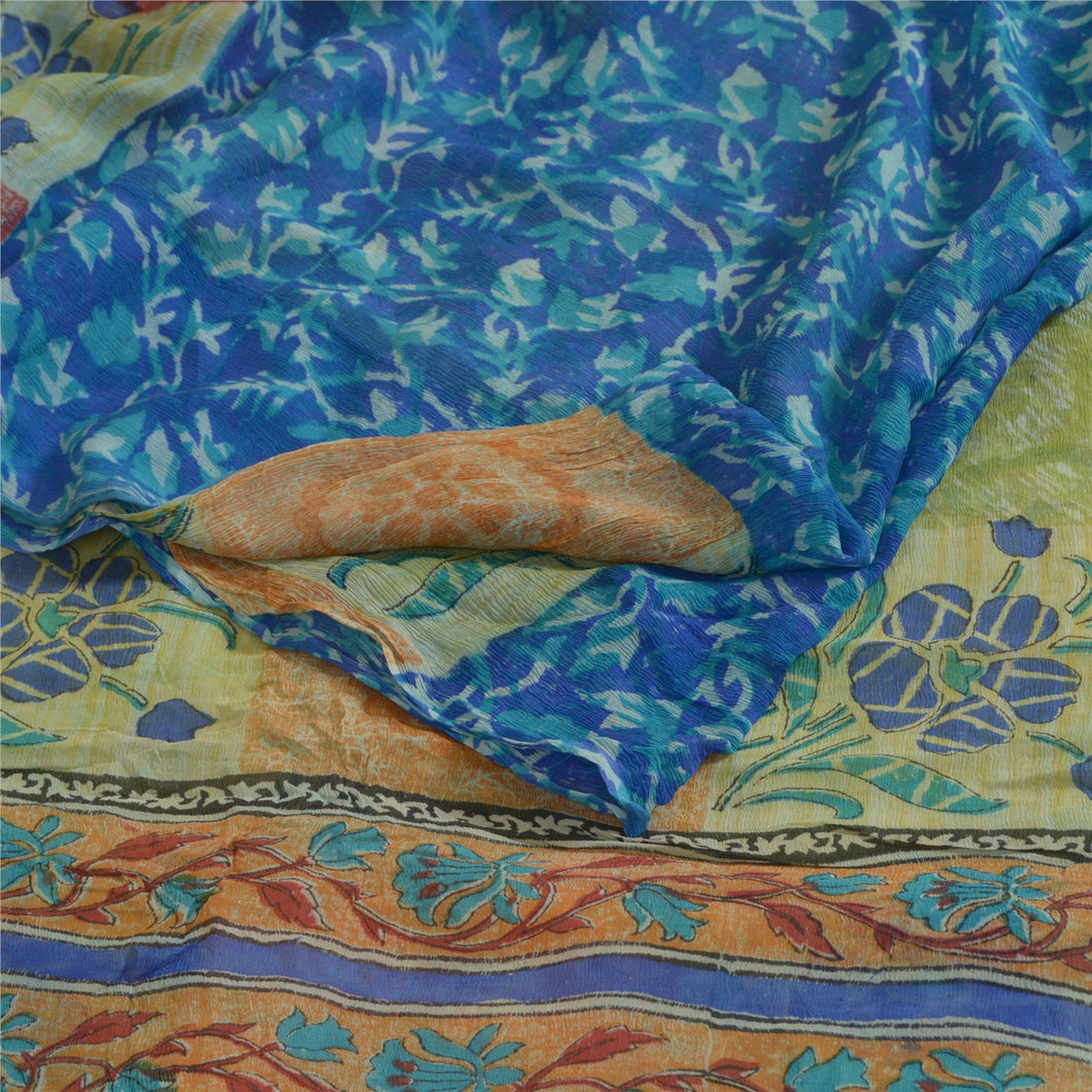 Sanskriti Vintage Sarees Blue Pure Chiffon Silk Printed Sari 5yd Craft Fabric