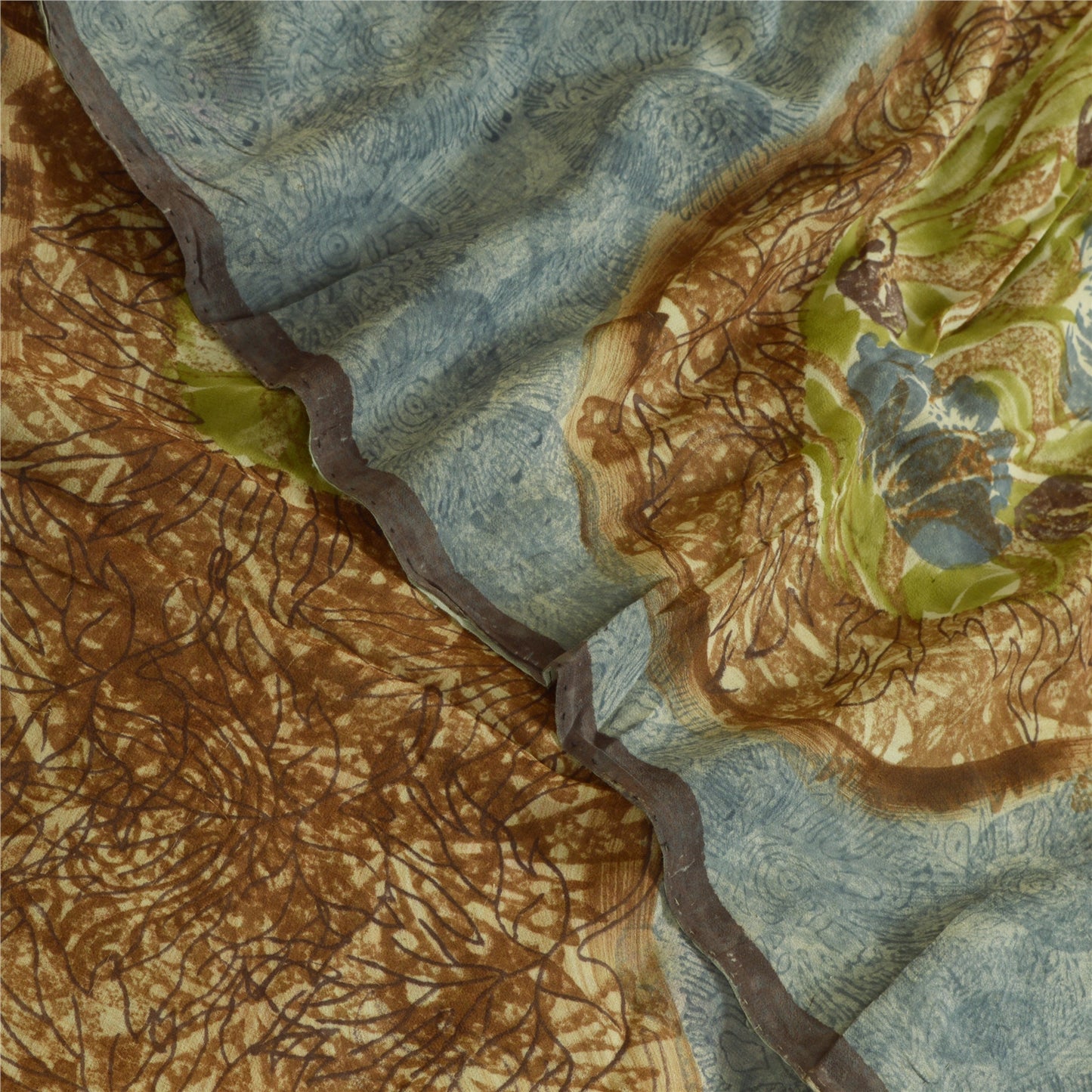 Sanskriti Vintage Sarees Brown/Blue Pure Georgette Silk Print Sari Craft Sustainable Fabric