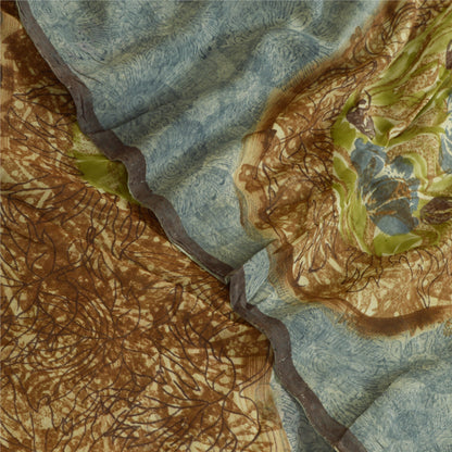 Sanskriti Vintage Sarees Brown/Blue Pure Georgette Silk Print Sari Craft Sustainable Fabric