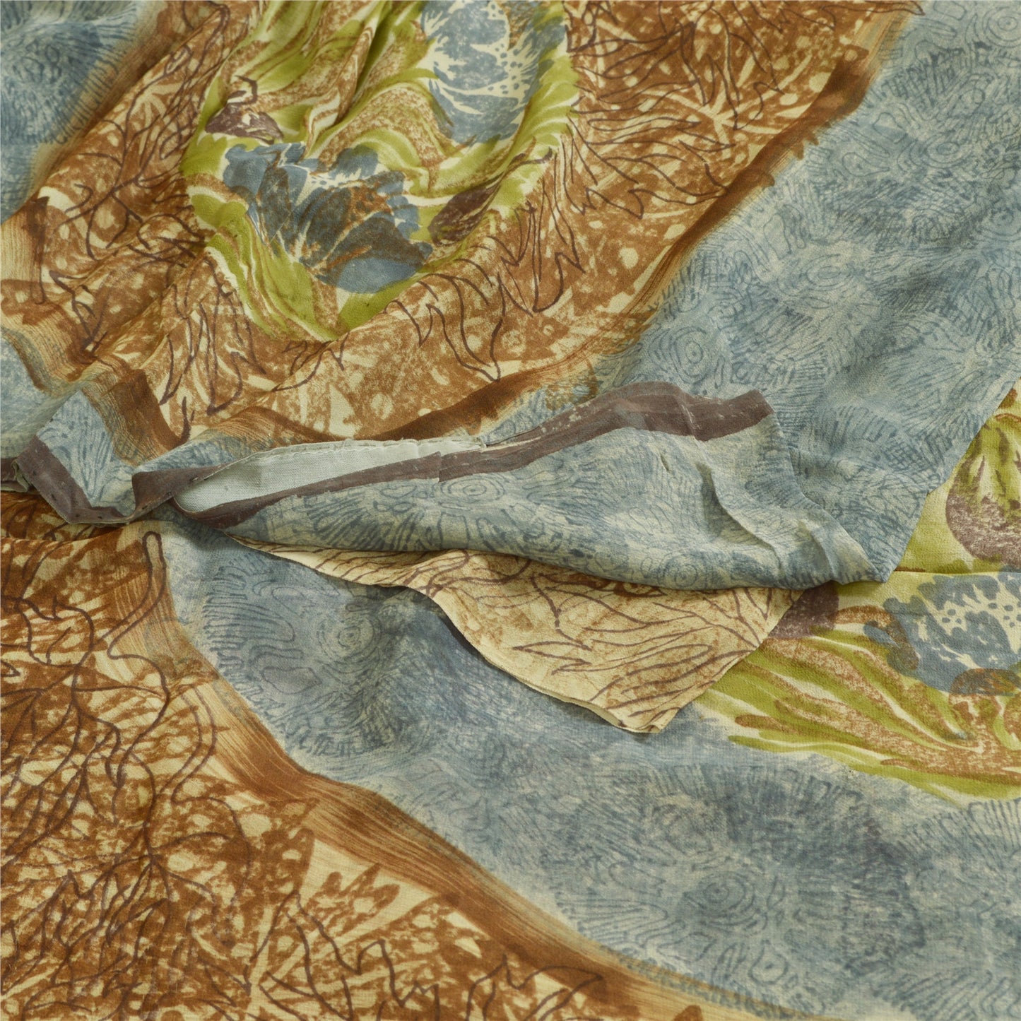 Sanskriti Vintage Sarees Brown/Blue Pure Georgette Silk Print Sari Craft Sustainable Fabric