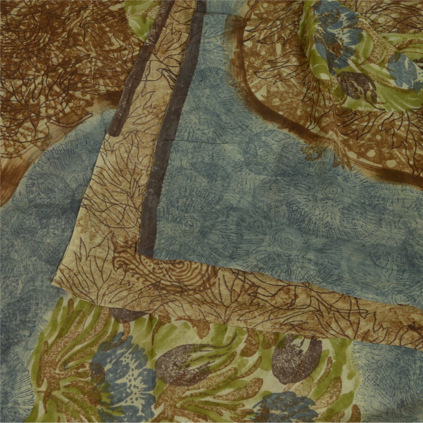 Sanskriti Vintage Sarees Brown/Blue Pure Georgette Silk Print Sari Craft Sustainable Fabric