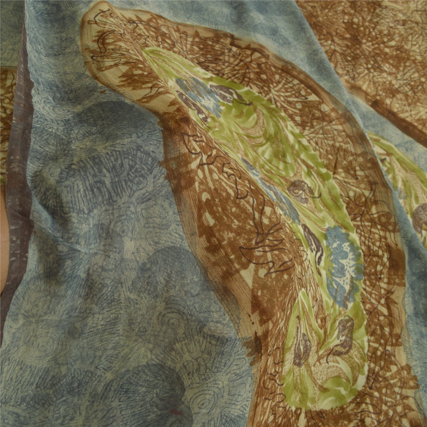 Sanskriti Vintage Sarees Brown/Blue Pure Georgette Silk Print Sari Craft Sustainable Fabric