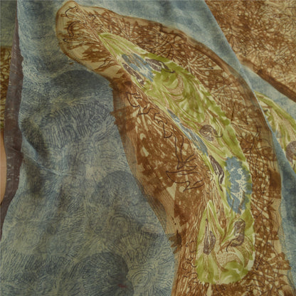 Sanskriti Vintage Sarees Brown/Blue Pure Georgette Silk Print Sari Craft Sustainable Fabric