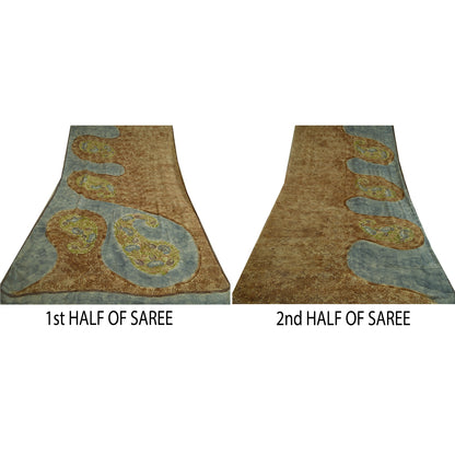 Sanskriti Vintage Sarees Brown/Blue Pure Georgette Silk Print Sari Craft Sustainable Fabric