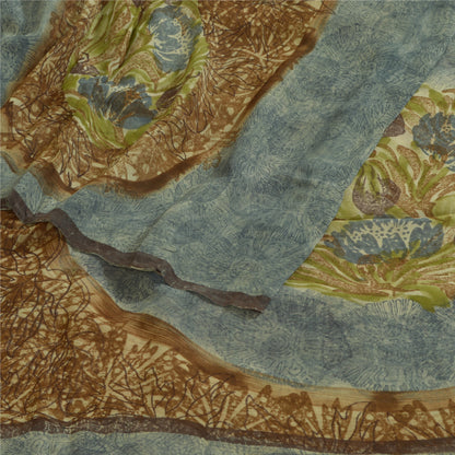 Sanskriti Vintage Sarees Brown/Blue Pure Georgette Silk Print Sari Craft Sustainable Fabric