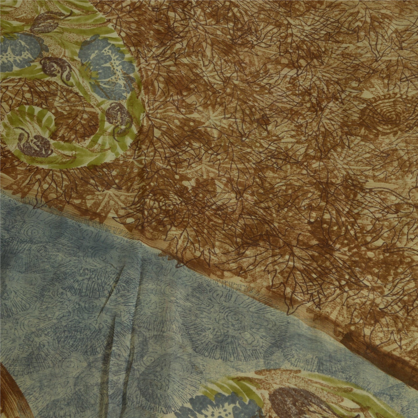 Sanskriti Vintage Sarees Brown/Blue Pure Georgette Silk Print Sari Craft Sustainable Fabric
