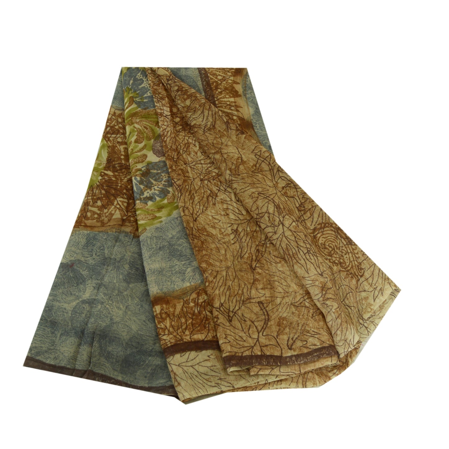 Sanskriti Vintage Sarees Brown/Blue Pure Georgette Silk Print Sari Craft Sustainable Fabric