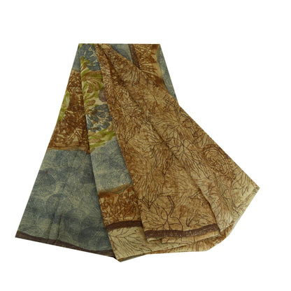 Sanskriti Vintage Sarees Brown/Blue Pure Georgette Silk Print Sari Craft Sustainable Fabric