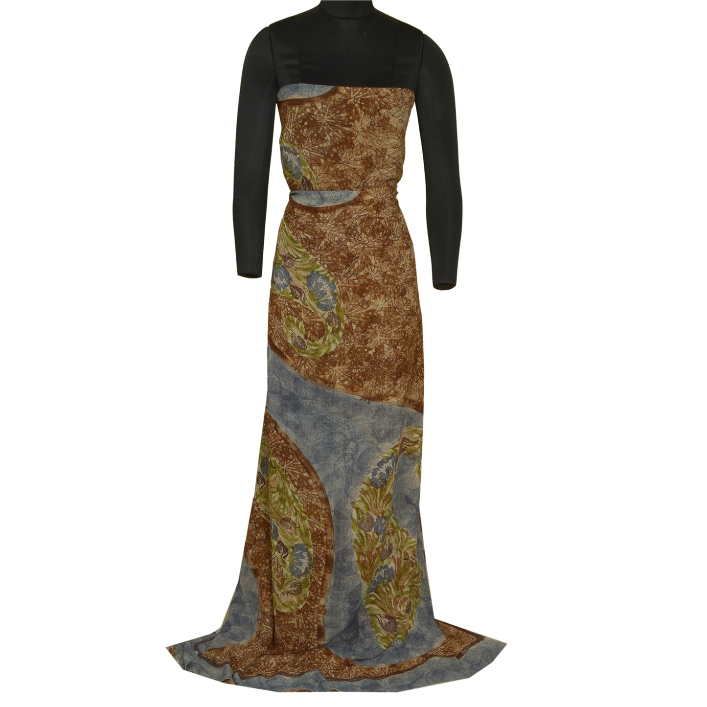 Sanskriti Vintage Sarees Brown/Blue Pure Georgette Silk Print Sari Craft Sustainable Fabric