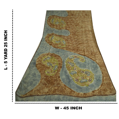 Sanskriti Vintage Sarees Brown/Blue Pure Georgette Silk Print Sari Craft Sustainable Fabric