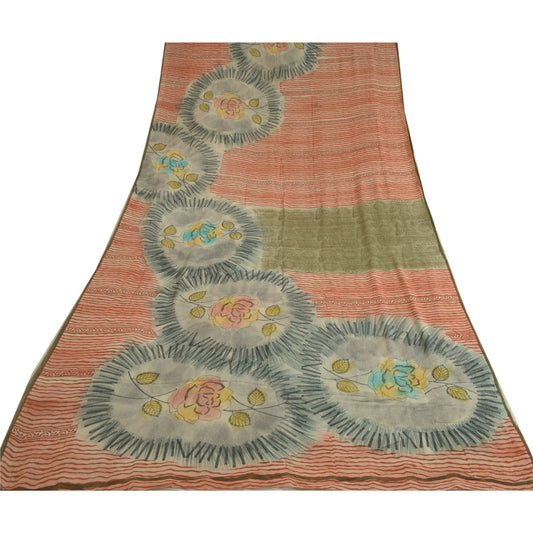 Sanskriti Vintage Sarees Green/Red Pure Georgette Silk Print Sari Craft Sustainable Fabric